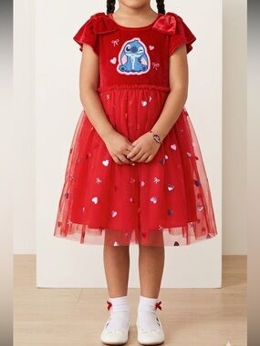 Disney Stitch Toddler Girl Red Velvet & Heart Tulle Tutu Dress